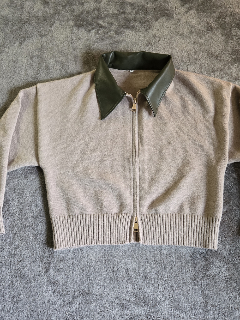 Retro Faux Leather Contrast Collar Knit Cardigan Sweater Jacket - Size S